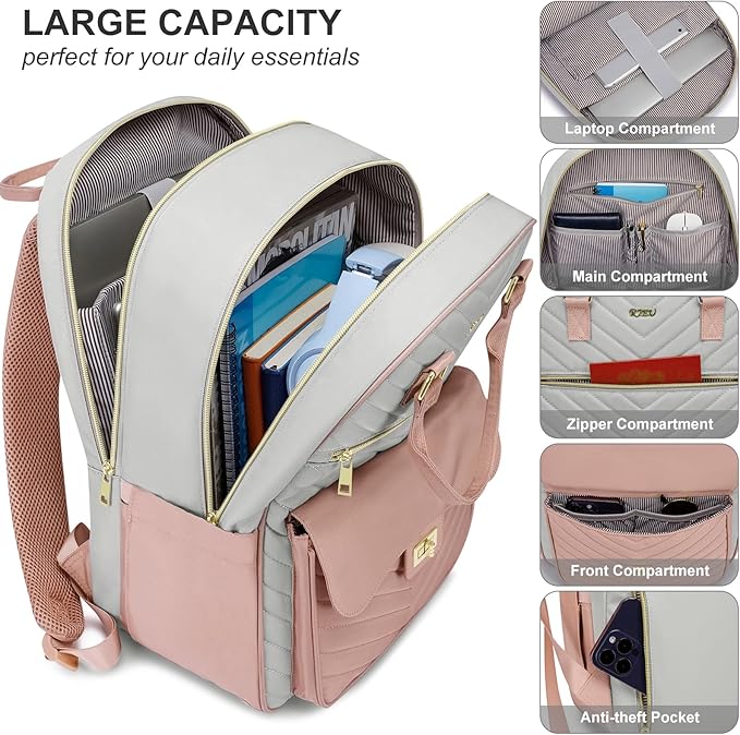 Bookbag for Girls,College Backpack with Laptop Compartment for School Travel,Student Computer Bag Mochilas Escolares,Pink Gray