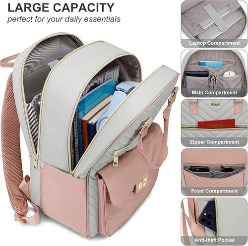 Bookbag for Girls,College Backpack with Laptop Compartment for School Travel,Student Computer Bag Mochilas Escolares,Pink Gray