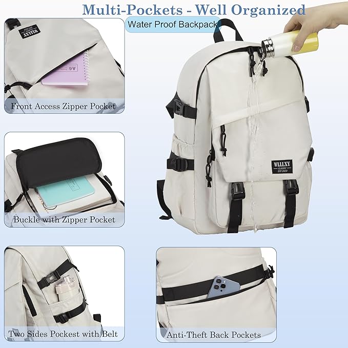 College Laptop Backpack for Men Women 15.6 Elementary Middle High School Book Bag For Teens Girls Boys Anti Theft Travel Backpacks Waterproof Casual Daypack Large Student Bookbags（Beige-L）