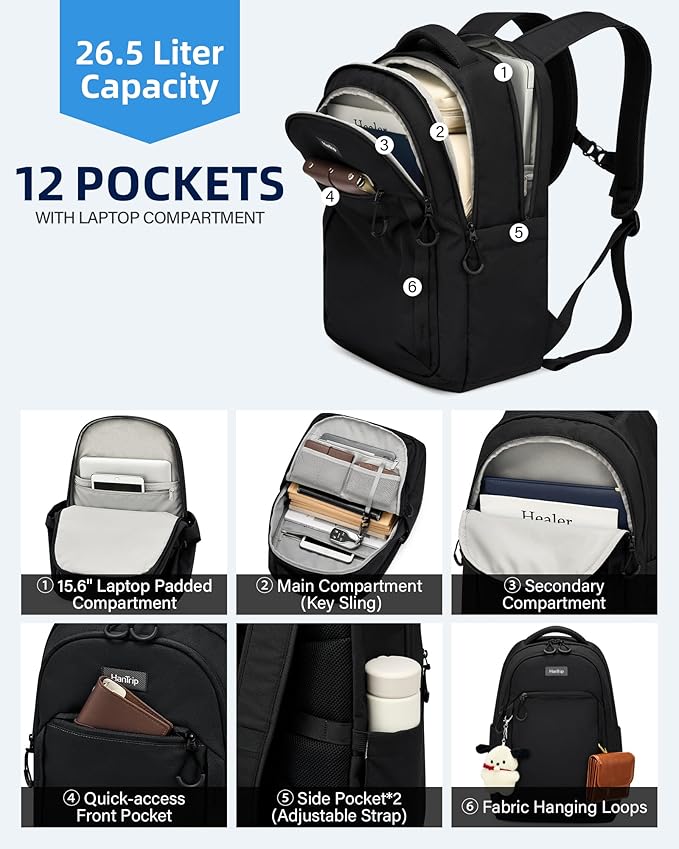 Travel Laptop Backpack for Women Men, 18 Inch Large Work Backpack for Commuter College School Book Bags, Water Resistant Backpack with Luggage Strap Water Bottle Pocket Chest Strap, Black