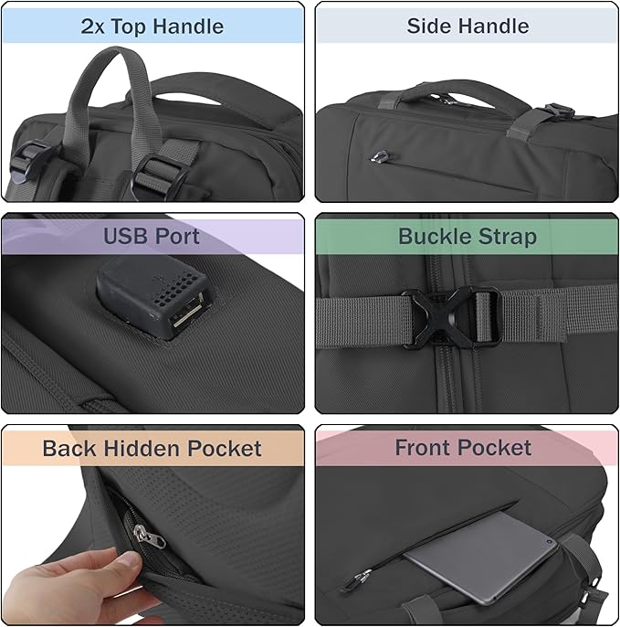 Travel Backpack, Expandable Large Capacity Business Work, Water Repellent Carry On Daypack with USB Charging Port, Fit 17 Inch Laptop, Bag for Men and Women, Black
