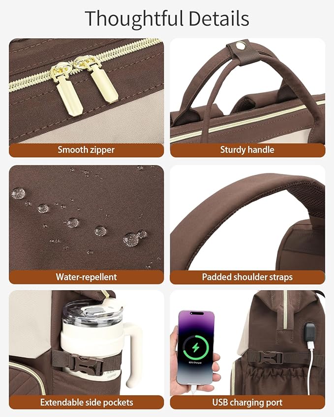 Computer Backpack for Women, Work Bag Laptop Bookbag with Cup Holder & USB Charger for Teacher Nurse College Travel Back Pack, Gifts, Nude Brown