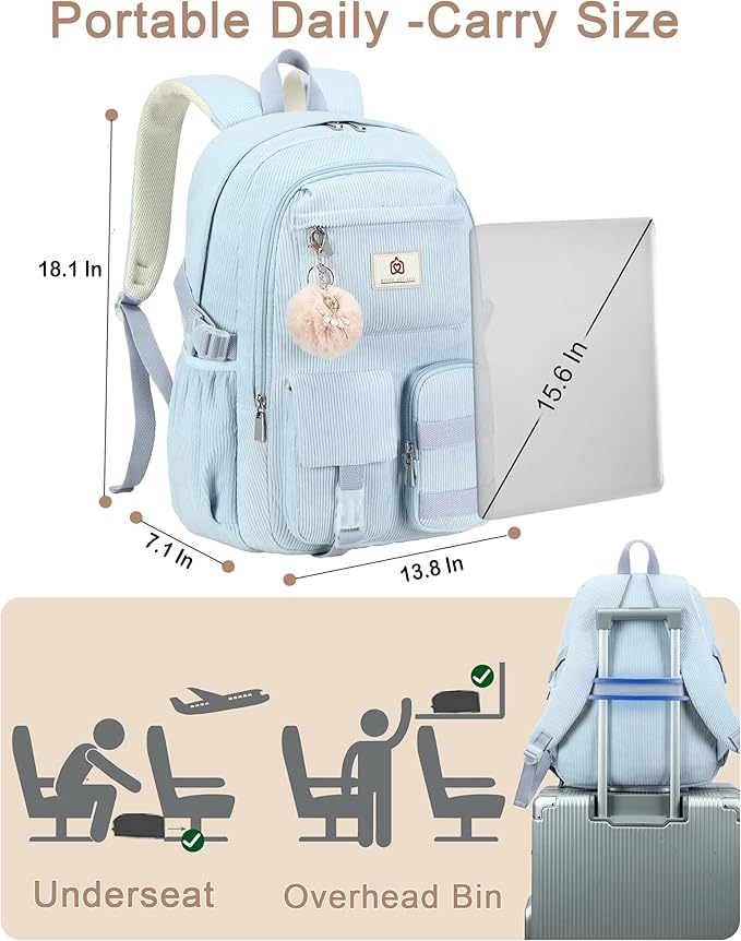 Hidds School Backpack for Teens Girls Women 15.6 Inch Laptop College Backpacks Corduroy Kids Bookbag Students Travel Daypack Womens (Blue)