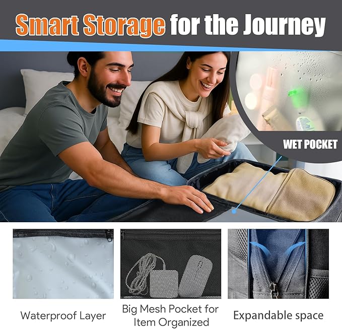 Extra Large Travel Backpack 40L-50L Expandable, Waterproof Wet Pocket Carry On Daypack, Anti-Theft TSA 18 Inch Laptop Bag for Men Women Flight Approved Weekender Duffel, Grey
