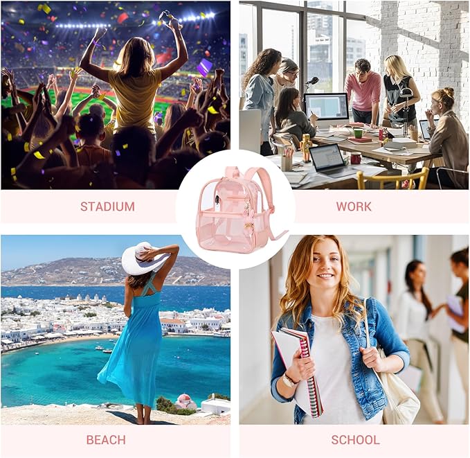 Clear Backpack for Stadium Events Approved 12×6×12, Thick TPU Mini Clear Bag with Front Pocket for Concert Sport Events Work Travel, Pink