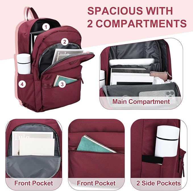 RAVUO Backpack for Women, Water Resistant School Bookbag with 15.6 inch Laptop Compartment Casual College Schoolbag Daypack for Teen Girls,Red