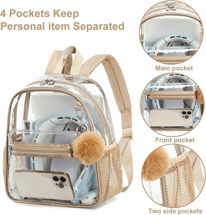 BTOOP Clear Mini Backpack for Stadium Events 12x12x6 Small Transparent Backpacks Plastic See Through Clear Bag for Concerts Work Festival Security Travel Khaki