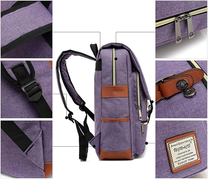 UGRACE Vintage Laptop Backpack with USB Charging Port, Elegant Water Resistant Travelling Backpack Casual Daypacks College Shoulder Bag for Men Women, Fits up to 15.6Inch Laptop in Purple