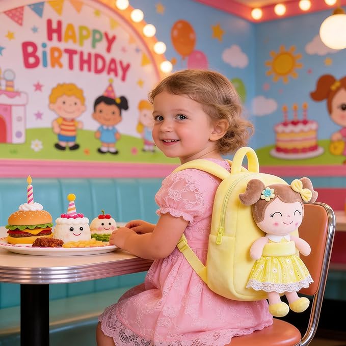 Gloveleya Back to School Gifts for Girls Kids Backpack Toddler Girls Backpacks with Soft Plush Spring Girl Doll Toys Yellow
