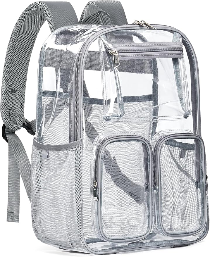 Clear Backpack Heavy Duty for Women Men Boys Girls, Clear Bookbag for School, 17 Inch Transparent Backpack with All-Around Reflective Strips for Work Casual Sport, grey