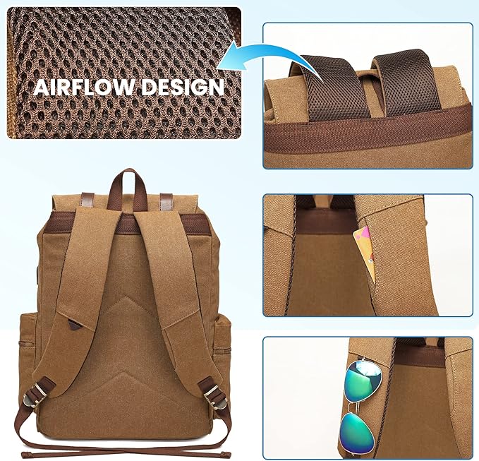 Modoker Mens Canvas Vintage Backpack for Men,Women, Travel Laptop Backpack Fits 17/15.6 Inch Computer & Tablet, Large Bookbag Rucksack Backpack with USB Charging Port, Brown