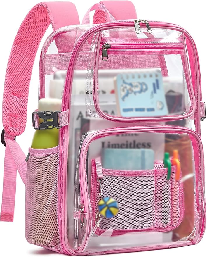 Large Clear Backpack Heavy Duty, 17 inch Clear Bookbag for Boys Girls Women Men, See Through Transparent Backpack With All-Around Reflective Strips for College Work Travel,Pink