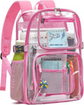 Large Clear Backpack Heavy Duty, 17 inch Clear Bookbag for Boys Girls Women Men, See Through Transparent Backpack With All-Around Reflective Strips for College Work Travel,Pink