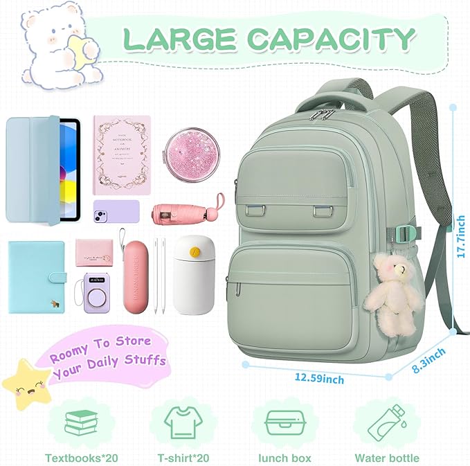 School Backpack for Kids Girls Cute Travel Backapck for College Women Men Casual Laptop Bookbag for Teen Student(Green)