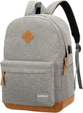 Laptop Backpack with Leather Decoration, USB Charging Port, Classic Backpack for College, Work, Travel(18 Inches/Light Grey)