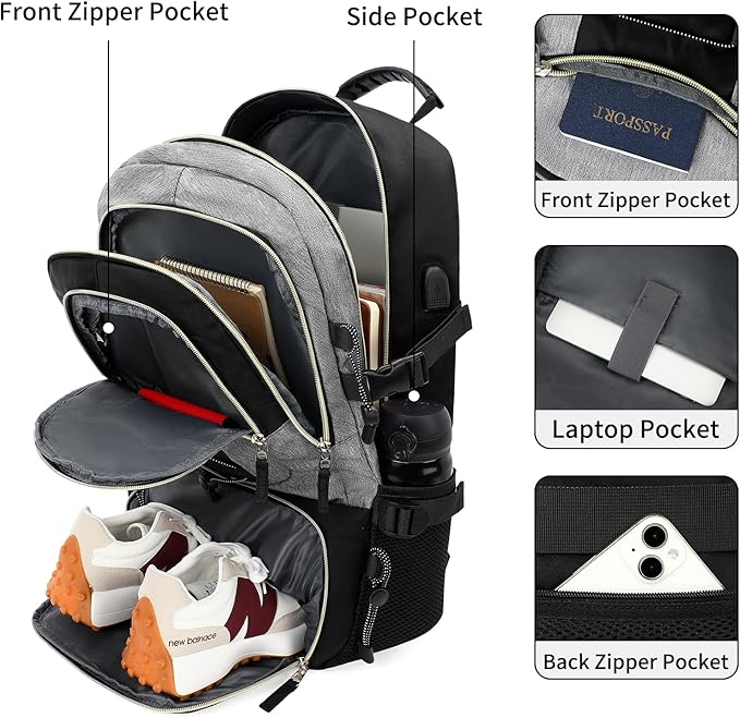 GAEKEAO Travel Backpack For Women Men Airline Approved 16 Inch Carry On Backpack with USB Charging Port Lightweight Casual Daypack for Hiking Business College Black with Grey