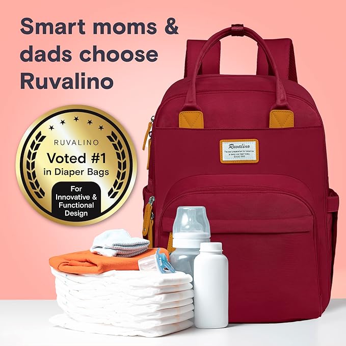 RUVALINO Diaper Bag Backpack, Multifunction Travel Pack Maternity Baby Changing Bags, Large Capacity, Waterproof, Purplish Red