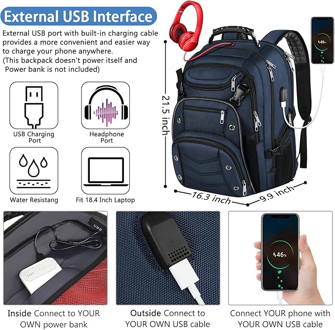 VECKUSON 18.4 Laptop Backpack for unisex, 60L Extra Large Gaming Laptops Back Bag with USB Charger Port,TSA Friendly Flight Approved and RFID Anti-Theft Pocket Heavy-duty Pack,21.3*15.7*11.8inch Blue