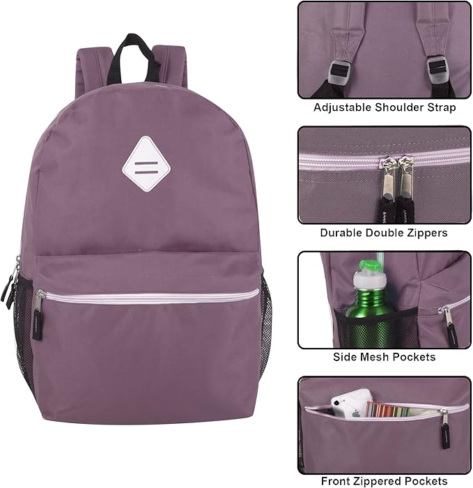 Large School Backpacks with Mesh Side Pockets – Classic 19 Inch Solid Color Backpacks for Kids, Men, Women, Travel (Purple & Lilac)