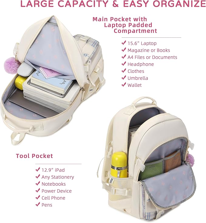 Backpack for Girls, 15.6 Inch Laptop School Bag Kids Kindergarten Elementary College Backpacks Large Bookbags for Teen Girl Women Students Casual Travel Daypacks (Beige)