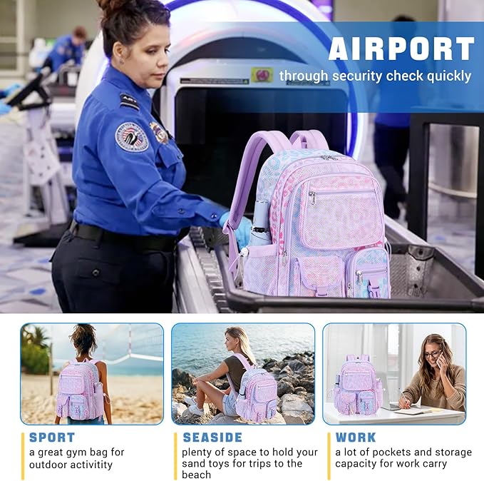 MOONBABY Mesh Backpack Heavy Duty See Through Net Bookbag Semi-Transparent Net Back Pack for Beach, Swimming, Sports, Work, Travel (Purple Leopard)