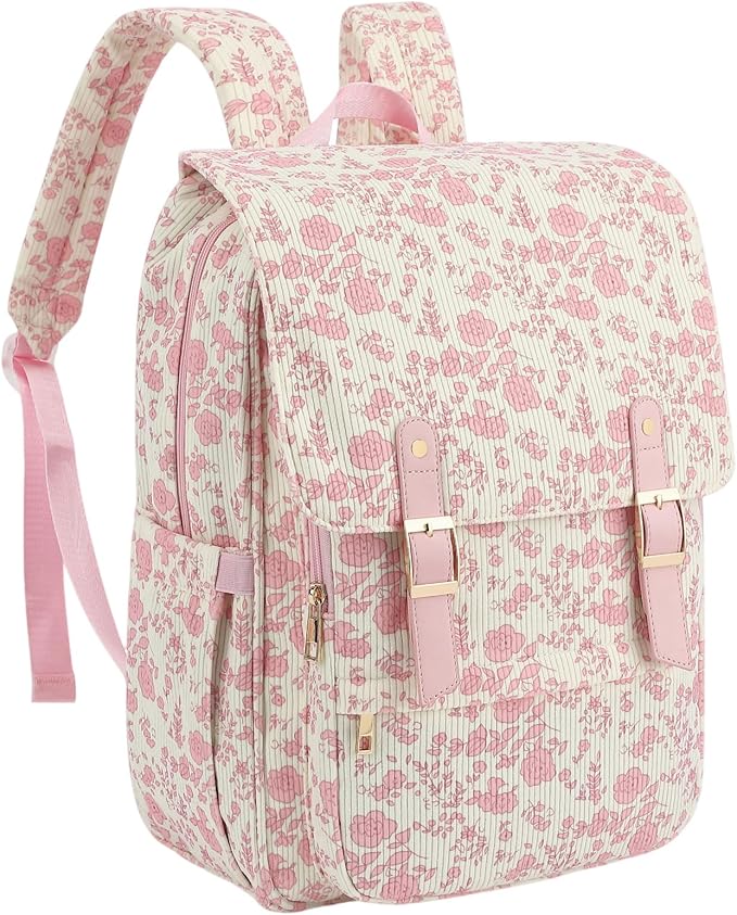 Women Laptop Backpack, Corduroy 15.6" Travel Backpack for Work College Business, Teacher Nurse Bag with Large Capacity School Bookbag Bags for Girls - Flowers Pink