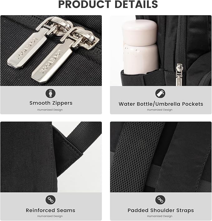LOVEVOOK Travel Laptop Backpack for Men Women, Waterproof Work Backpack Fits 15.6 Inch Laptop, Large Computer Backpack for College, Black
