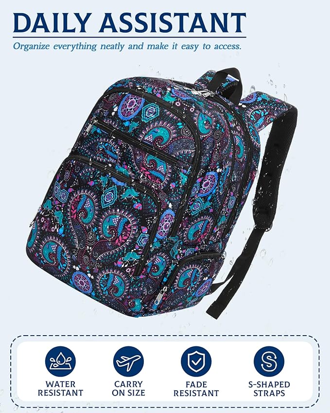 Large Backpack for Women Backpack with Lots of Pockets for Travel Work School Bookbag with Laptop Compartment for High School College Girls Mochilas Morrales para Mujer (Black/Teal, Paisley)