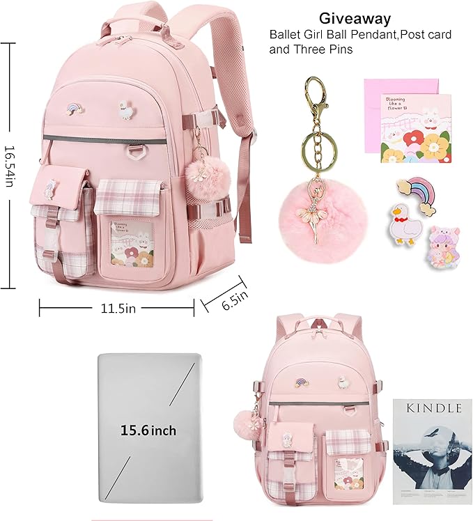 Backpack for Girls, 15.6 Inch Laptop School Bag Kids Kindergarten Elementary College Backpacks Large Bookbags for Teen Girl Women Students Casual Travel Daypacks (Pink)