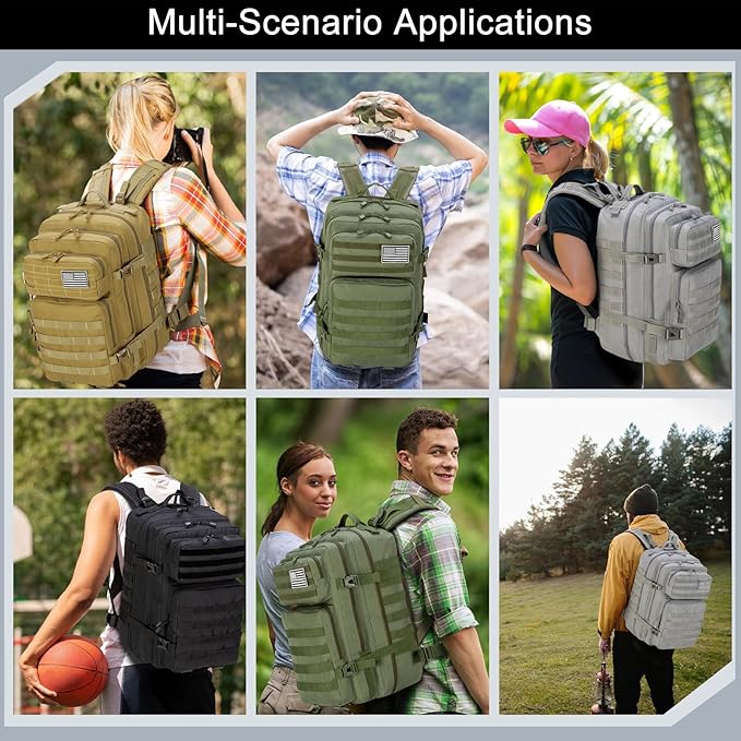 Tactical Backpack 45L Army Military Rucksack, Water Resistant MOLLE Pack, Large 3 Day Bug Out Bag for Men & Women, Durable Outdoor Gear for Hiking, Camping, Hunting, Travel (Grey)