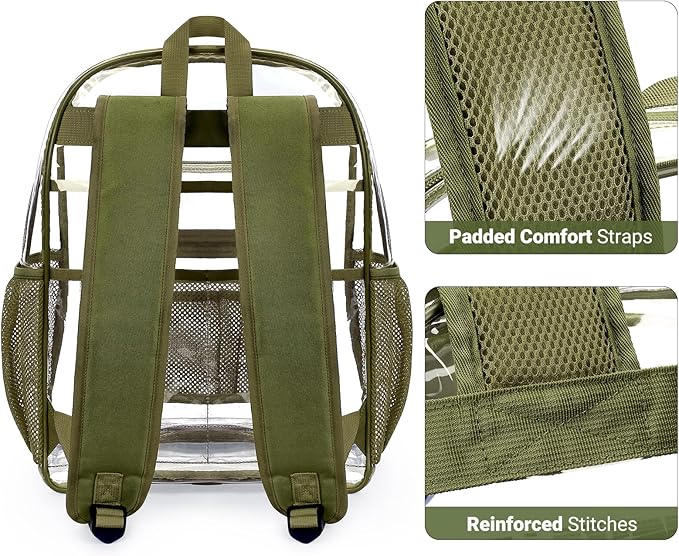 ZORFIN Clear Backpack Heavy Duty for School & Work – 17in Transparent PVC Bag with Large Capacity & Reinforced Straps – See Through Bookbag for Men, Women, Boys & Girls, Workplace Security - Green