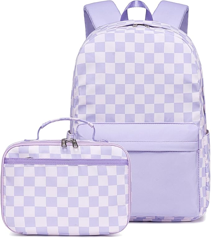LEDAOU Kids School Backpack with Lunch Box for Girls Kindergarten Elementray BookBag School Bag Preschool Toddler Backpack (Purple Checkered)