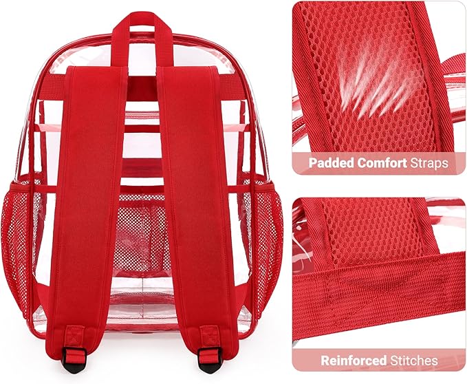 ZORFIN Clear Backpack Heavy Duty for School & Work – 17in Transparent PVC Bag with Large Capacity & Reinforced Straps – See Through Bookbag for Men, Women, Boys & Girls, Workplace Security - Red