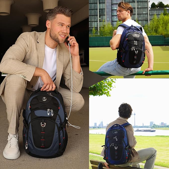 Swissdigital Design Laptop Backpack, Travel Backpack with USB Charging Port Fits 15.6 inches Computer, 31L College School Bookbag for Men, Blue/Black | SD803-12