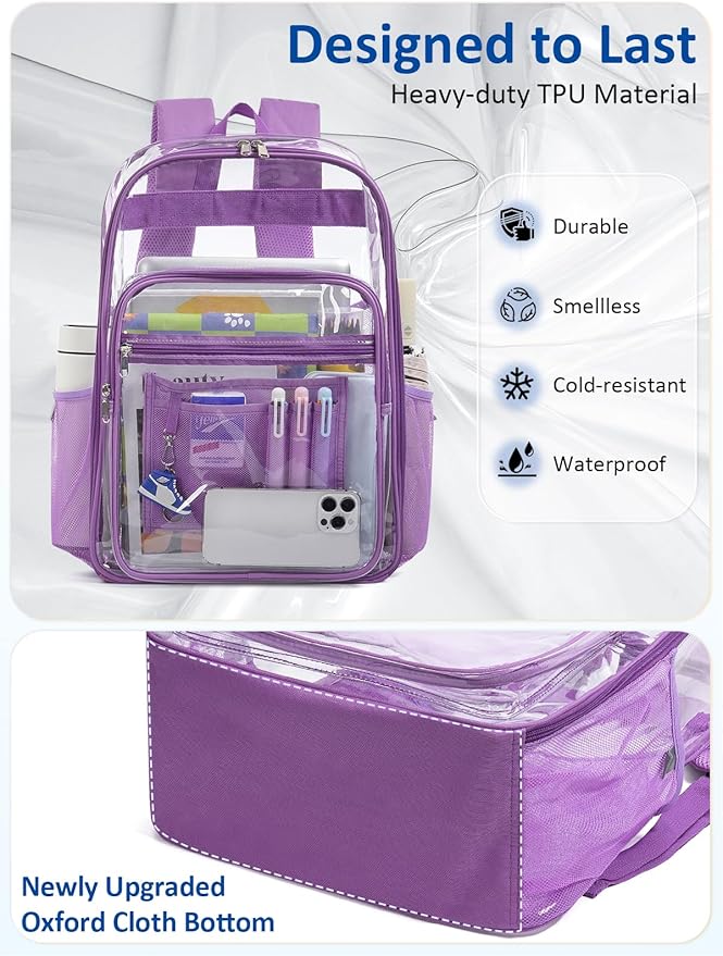 Extra Large Clear Backpack with TSA Lock, Heavy Duty Transparent See Through Clear Bookbag for College, Work, Travel, Casual Sport, Purple
