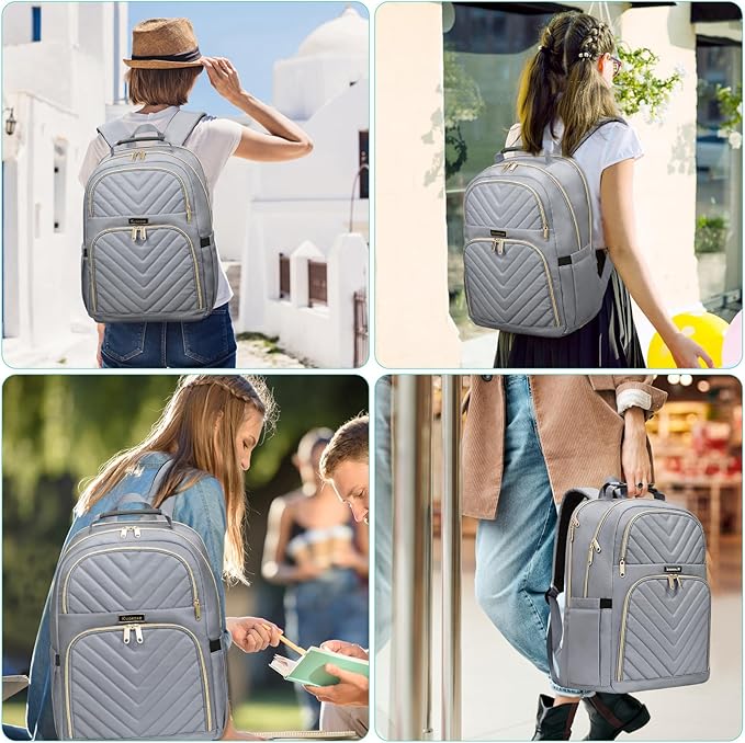 Laptop Backpack for Women Men, Large School Backpack for Teens Boys Girls, 17.3 Inch Quilted Laptop Bag Bookbag College Bag, Work Travel Casual Daypacks, Grey(over 3 years old)