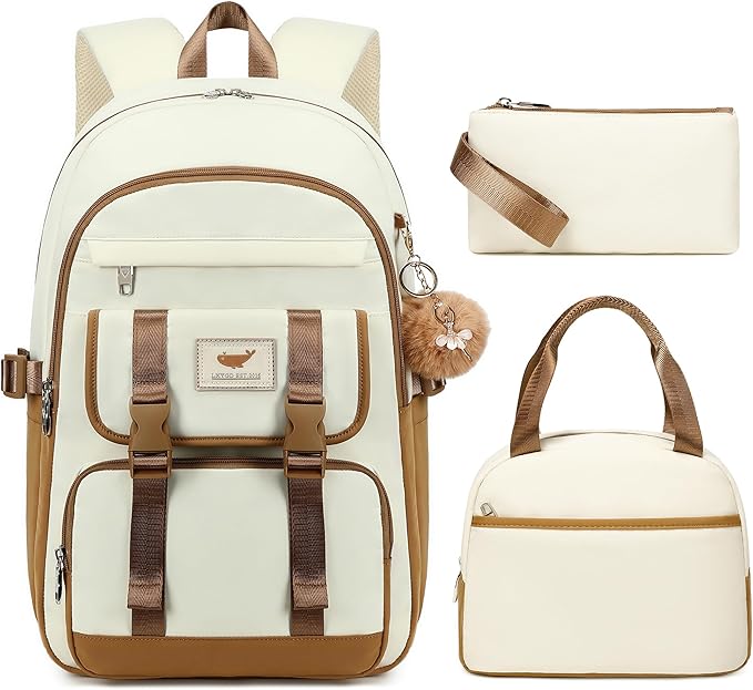 3 PCS Backpack for Teen Girls,Laptop Backpacks 15.6 Inch School Bag with Lunch Box Pencil Pouch Set for Students Aesthetic College Bookbag Travel Daypack(Beige Khaki)