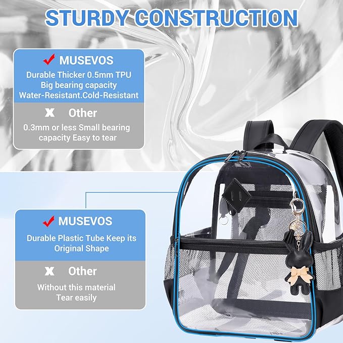 Clear Backpack for Stadium Events Approved 12×6×12, Thick TPU Mini Clear Bag with Front Pocket for Concert Sport Events Work Travel, Black Transparent