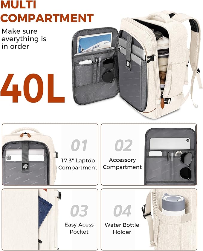 Vancropak Travel Backpack for Women, Airline Approved Carry On Backpack with 3 Packing Cubes, Expandable Large 40L Travel Bag fits 17" Laptop, Anti Theft Luggage Suitcase Weekend Daypack, White Brown