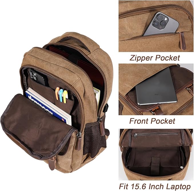 Canvas Laptop Backpack with USB Charging Port, Vintage Daypack for Men Women, Brown Travel Work Rucksack College Computer Bag Bookbag Fits 15.6 Inch Laptop, Brown