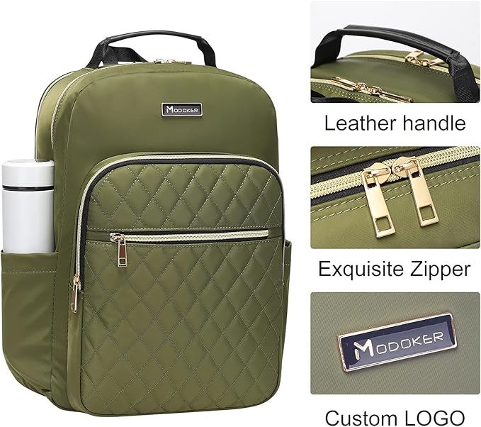 Modoker Eco-Friendly 15.6 Inch Women's Laptop Backpack, Quilted Work and Travel Backpack with USB Charging Port, Green