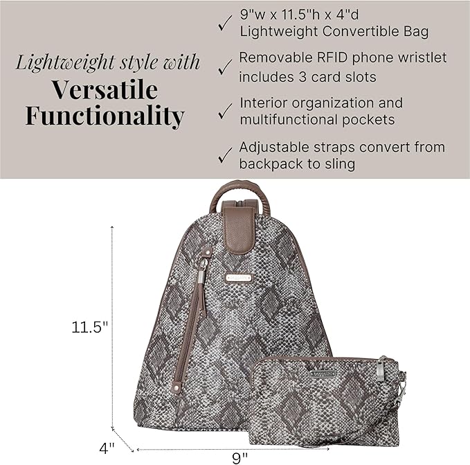 Baggallini Backpack Metro with RFID Phone Wristlet, Tan Python
