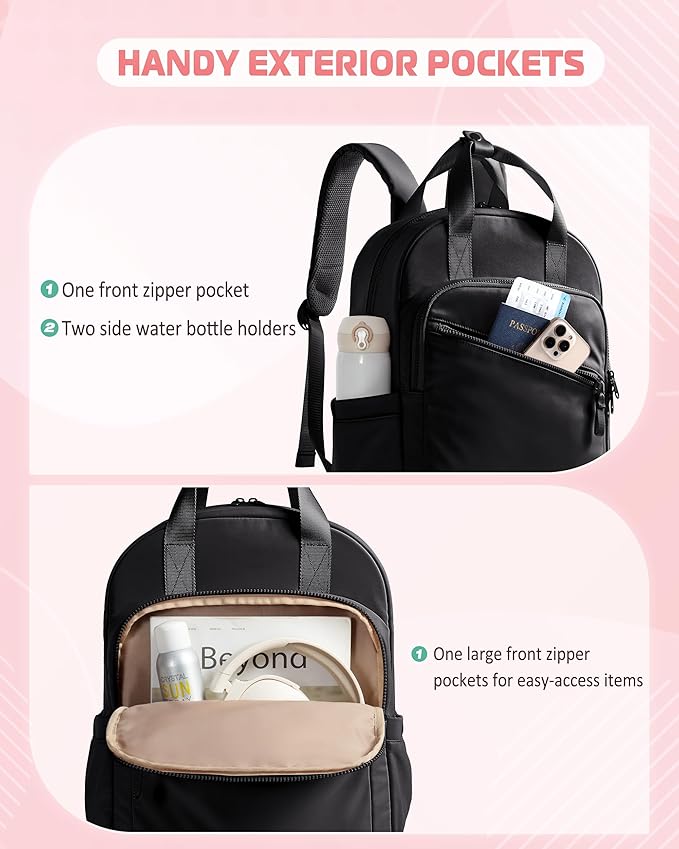 Women Backpack with 15.6” Laptop Sleeve for Travel, Work and College, Lightweight Water-resistant Backpack for Women with 8 Pockets, Black