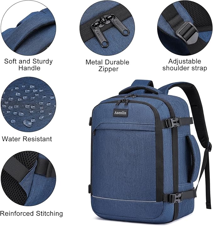 Asenlin Travel Backpack for Women Men,Flight Approved Carry On Luggage 30L Water Resistant Business Mochila Work Laptop Backpacks Fits TSA 15.6 Inch Computer College Weekender Outdoor Hiking-Blue