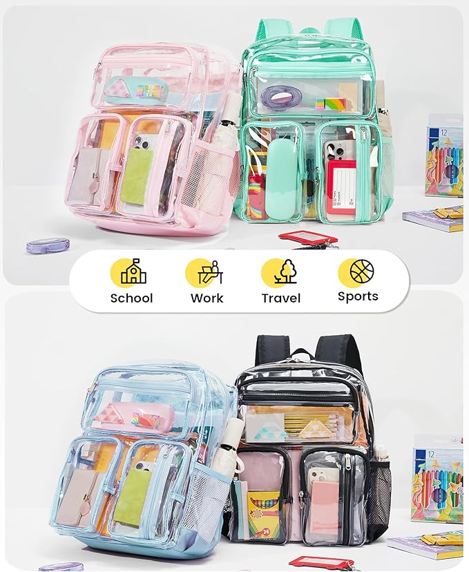 Vorspack Clear Backpack Heavy Duty - Large Clear Bookbag Transparent See Through Backpacks for College Work Festival - Mint Green