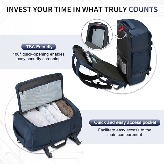 40L Travel Backpack, TSA Friendly Flight Approved Carry on Backpack for Men Women, Fits 17.3 Inch Laptop with USB-A&C Ports, Weekender Bag, Blue