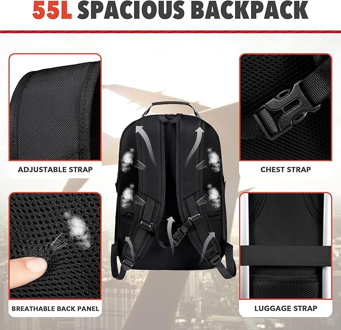 Long-Term Durability Extra Large Travel Backpack for Men & Women, 18.4"-19" Gaming Laptop Backpack, TSA-Approved & Anti-Theft for Effortless Airport Travel, Spacious 55L Daypack for Work, Gym, College