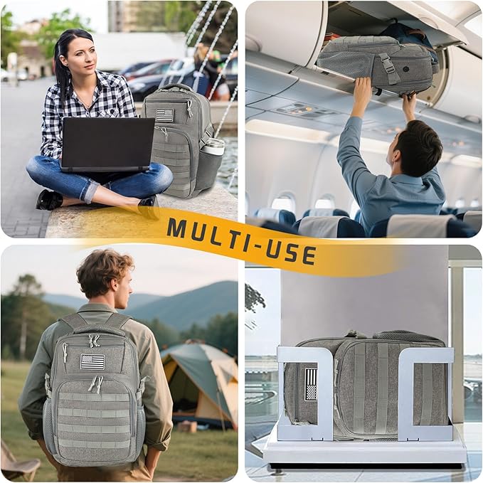 15.6'' Travel Laptop Backpack for Men, 30L Tactical College Backpacks with Water Pouches Both Sides, Portable Backpack for Men Women Business Work Bag Fight Approved - Grey Backpack