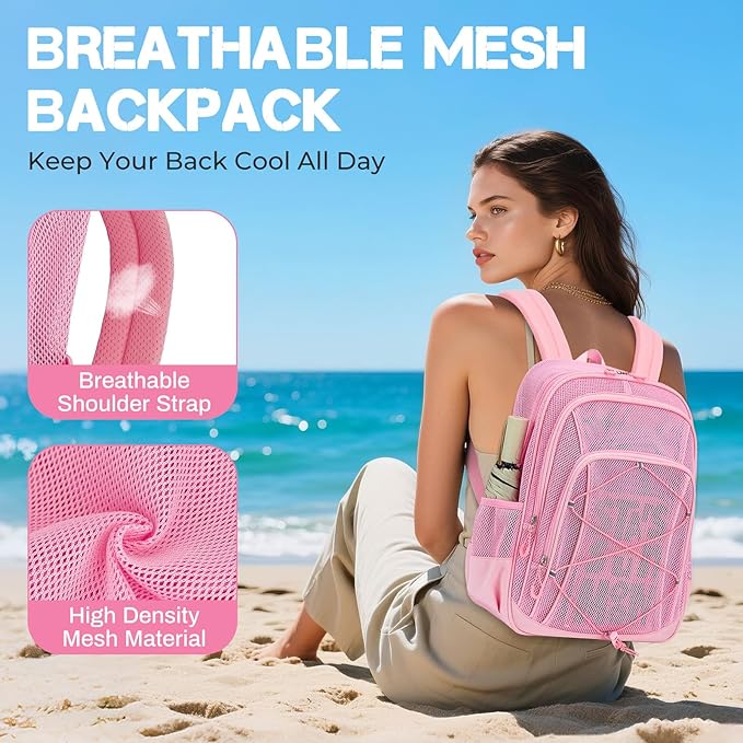 Mesh Backpack, Heavy Duty Mesh Bookbag for Girls Boys Kids, See Through Clear Backpacks, Net Backpack Transparent Breathable for School Beach Swim Travel Outdoor, Pink