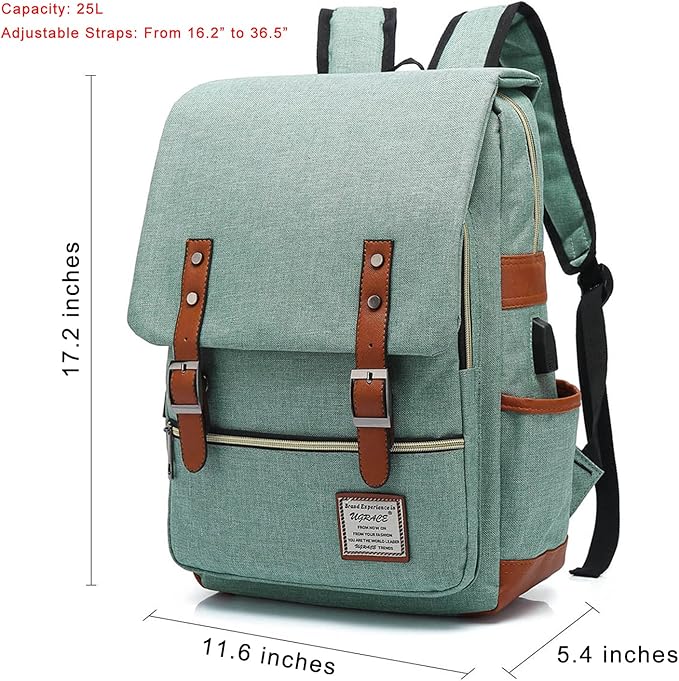 UGRACE Vintage Laptop Backpack with USB Charging Port, Water Resistant Travelling Backpacks College Bag for Men Women, Fits up to 15.6Inch Laptop in Green